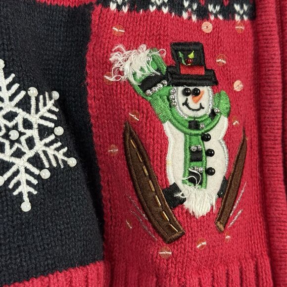 Vtg Holiday Sweater Womens L Red Full Zip Christmas Winter Snowman Grandma 90s - Picture 5 of 12